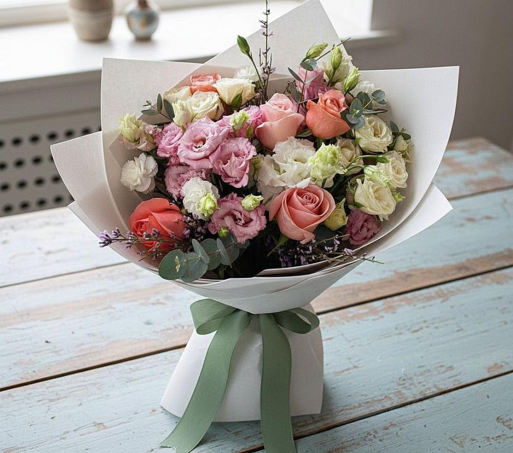 Букет цветов из: Розы, Лизиантусы и Гвоздики в Прогресс