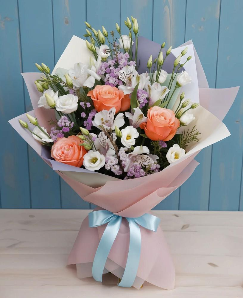 Букет цветов из: Лизиантусы, Розы, Альстромерии и Гипсофила в Прогресс