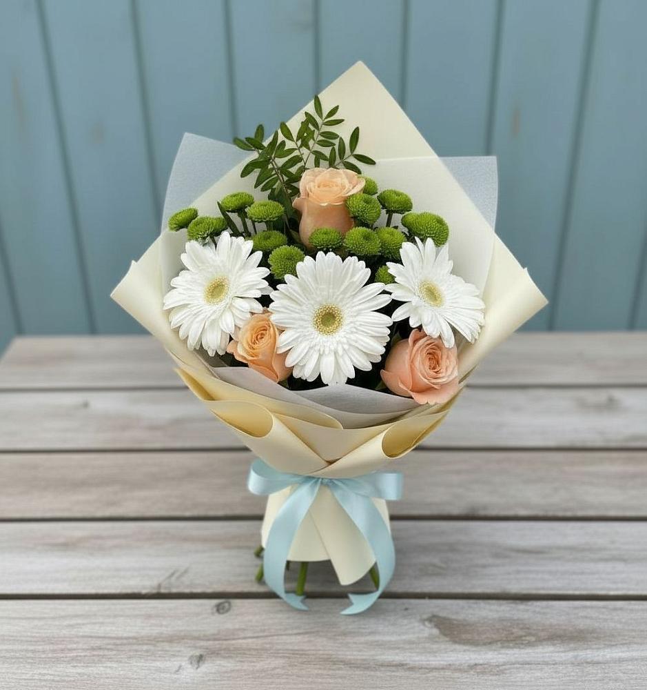 Букет цветов из: Герберы, Розы и Хризантемы в Прогресс