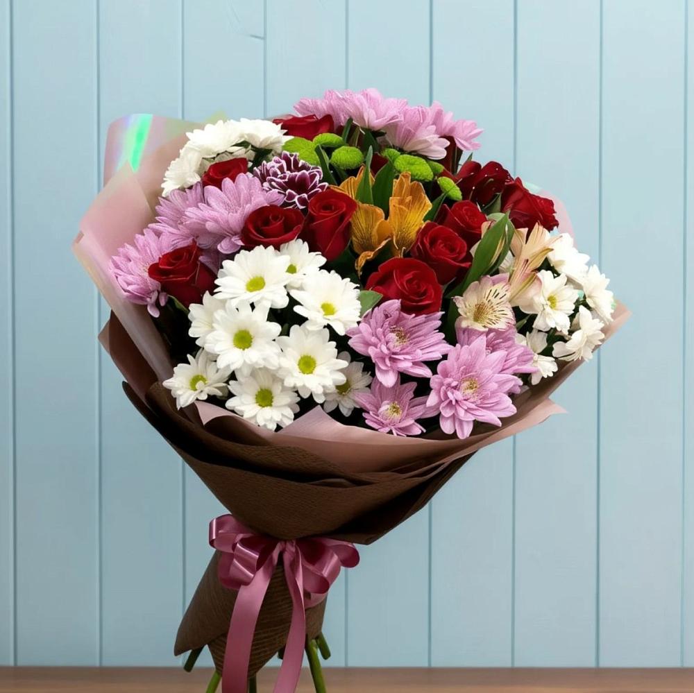 Букет цветов из: Розы, Хризантемы и Альстромерии в Прогресс